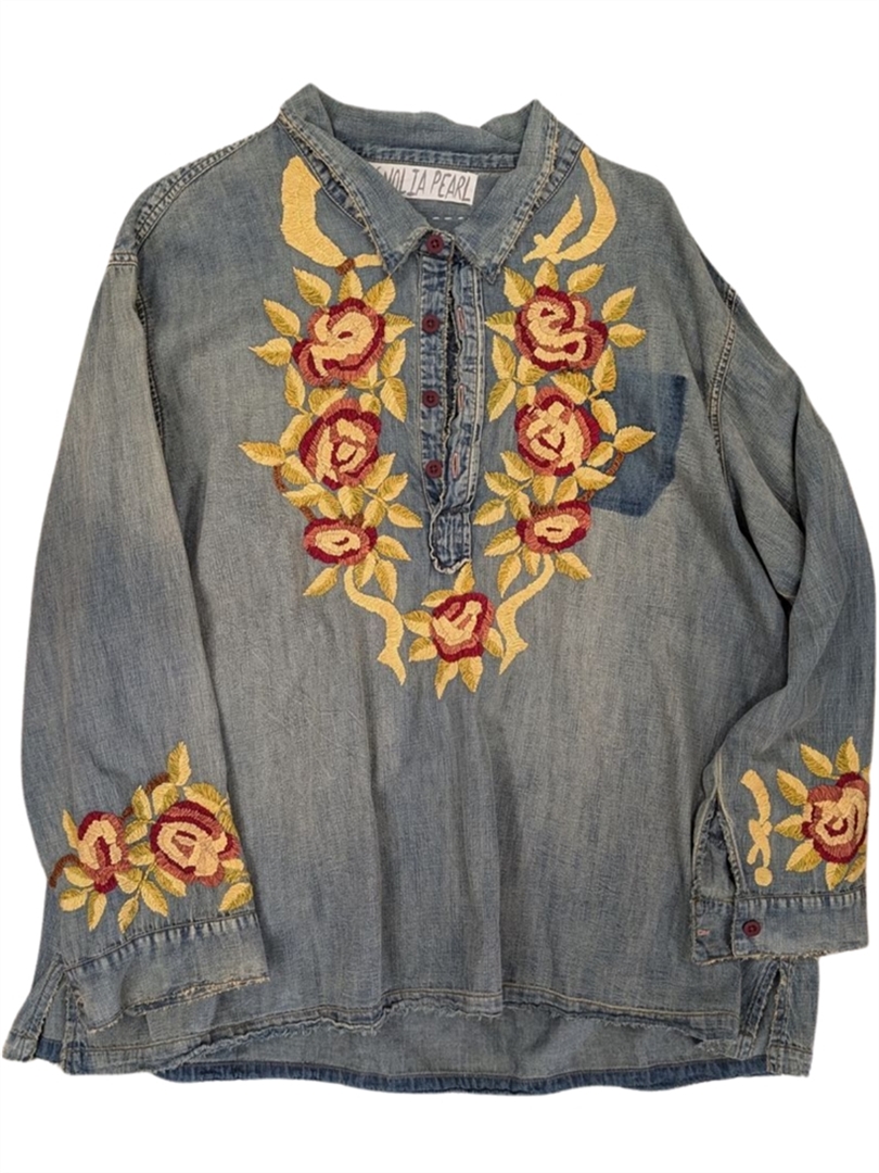 Isabel Cotton Denim Floral Embroidered Shirt 1202