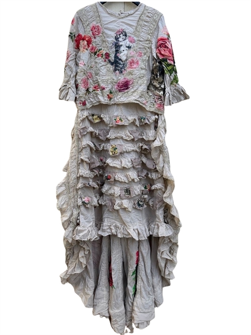 European Cotton Floral and Kitty Applique Hyacinth Ruffle Gown