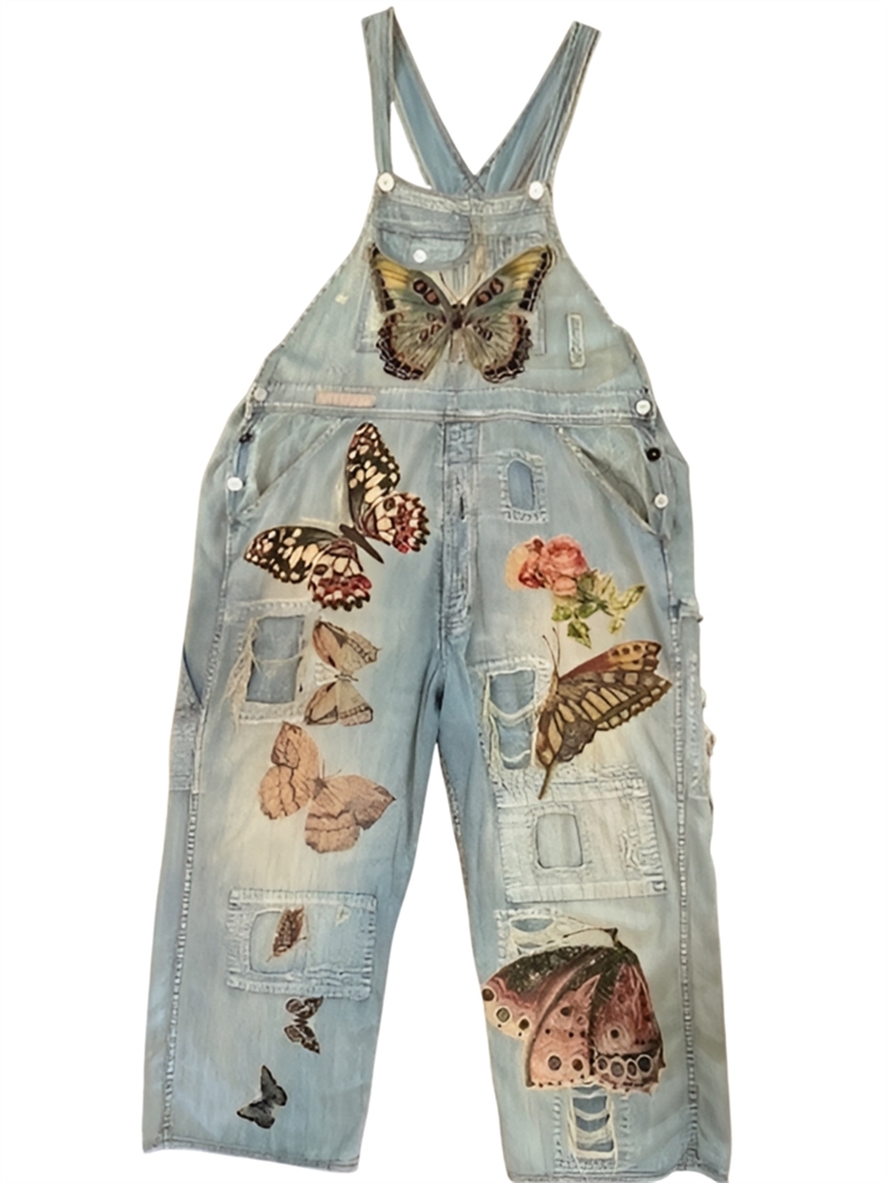 Cotton Denim Applique Butterfly Overalls