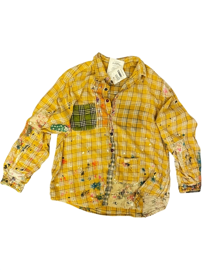 ADISON WORKSHIRT PAINT SPLATTER PATCHES HI LOW HEM.