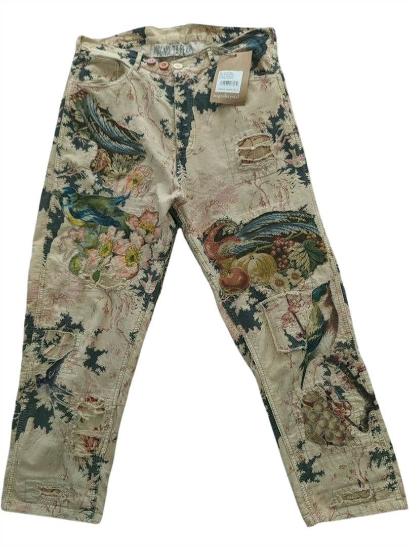 Cotton Twill Print Miner Pants With Birds and Flora