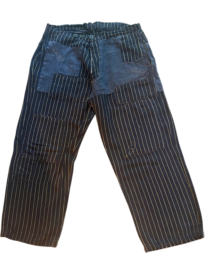 Cotton Linen Lilou Trousers with Hand Aging, Distressing, Mending and Patching,