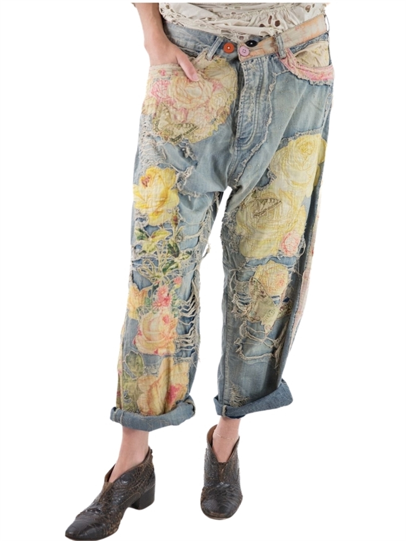 Yellow Flora Appliqué Denims