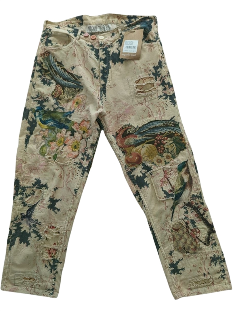 Cotton Twill Miner Pants with Birds and Flora